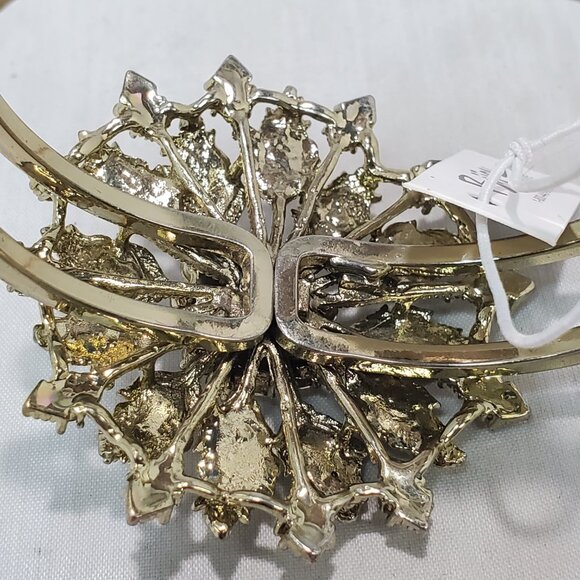 Bijou Vintage Art Deco Style Gold Tone Metal Filigree Rhinestone Floral Bracelet - Picture 3 of 9